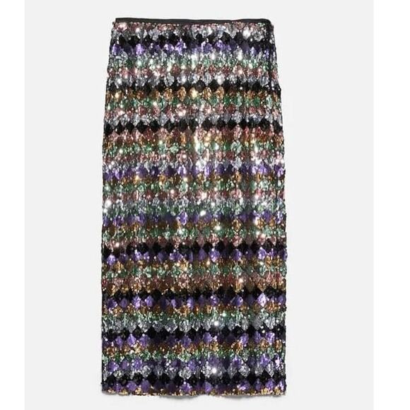 Zara Sequin Glitter Metallic Multicolor Striped Diamond Slit Midi Skirt Size M - Picture 4 of 11